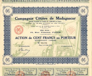 Compagnie Cotiere de Madagascar - Stock Certificate