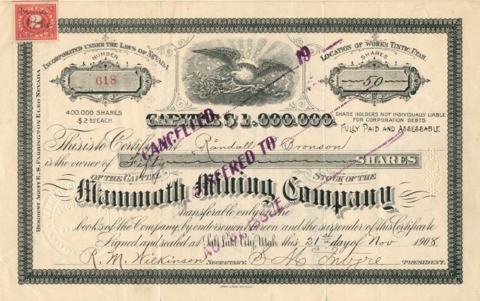 Mammoth Mining Co. - Tintic Mining District - 1908 dated Utah Mining Stock Certificate