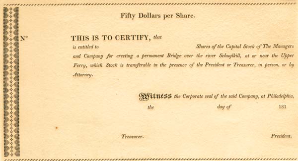 Managers and Co. - Schuylkill Bridge - Stock Certificate