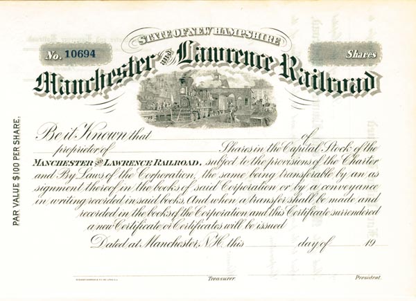 Manchester and Lawrence Railroad - Unissued Stock Certificate