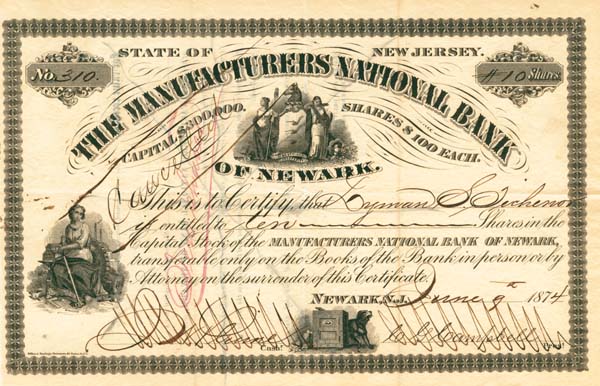 Manufacturers National Bank of Newark - Stock Certificate