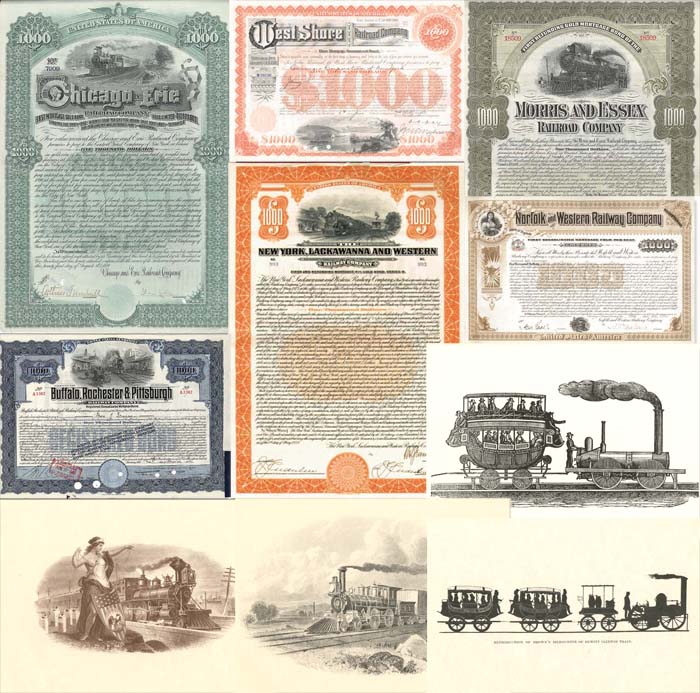 Collection of 6 Railroad Bonds dating from 1890's-1950's & Prints - Chicago Erie, West Shore, Morris Essex, Buffalo Rochester Pittsburgh, New York Lackawanna Western & Norfolk Western