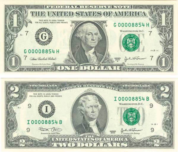 Pair of $1 and $2 notes with Low Matching Serial Number of 8854