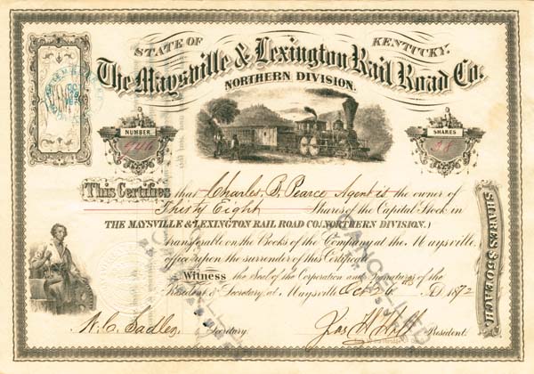 Maysville and Lexington Railroad - 1872 dated Kentucky Railway Stock Certificate