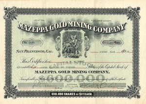 Mazeppa Gold Mining Co. - Tuolumne County, California Mining Stock Certificate