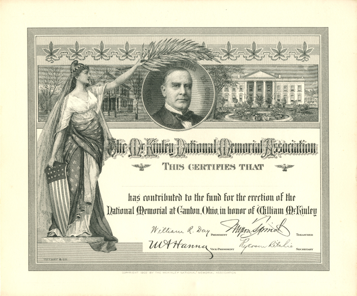 1902 Certificate of contribution to McKinley National Memorial Assn.