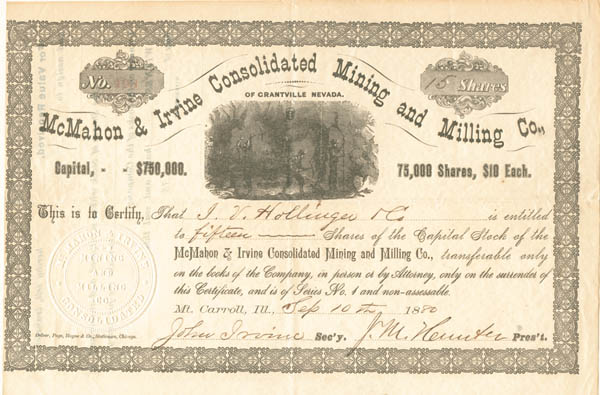 McMahon and Irvine Consolidated Mining and Milling Co - Stock Certificate