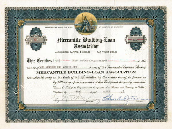 Mercantile Building Loan Association - Stock Certificate