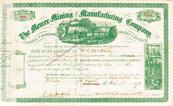 Mercer Mining and Manufacturing Co. signed by Robert B. Roosevelt - Stock Certificate