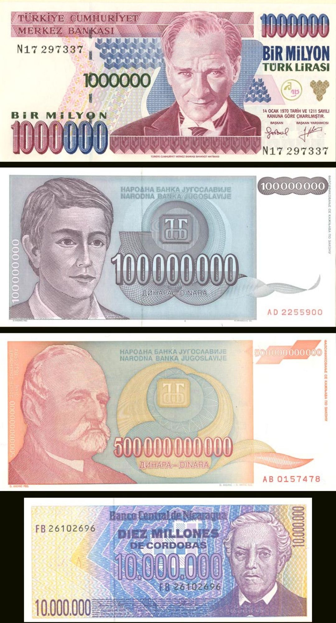 Millions Billions Set of 4 - Nicaragua, Turkey, Yugoslavia - 1990-95 dated Collection of 4 Foreign Paper Money Notes