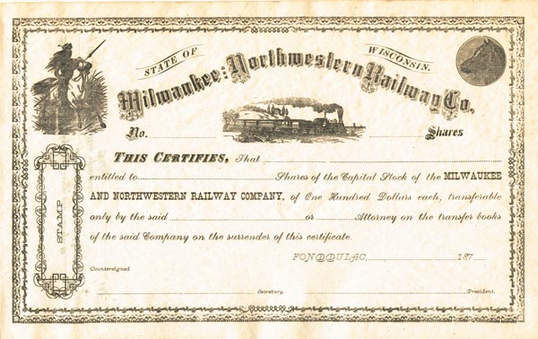 Milwaukee and Northwestern Railway - Stock Certificate