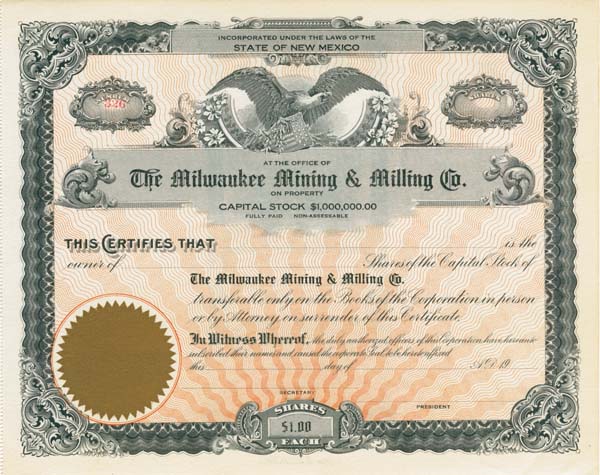 Milwaukee Mining and Milling Co. - New Mexico Unissued Stock Certificate