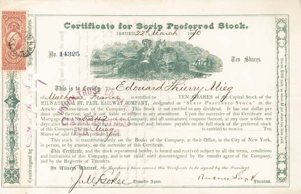 Russell Sage - Milwaukee and St. Paul Railway - Stock Certificate