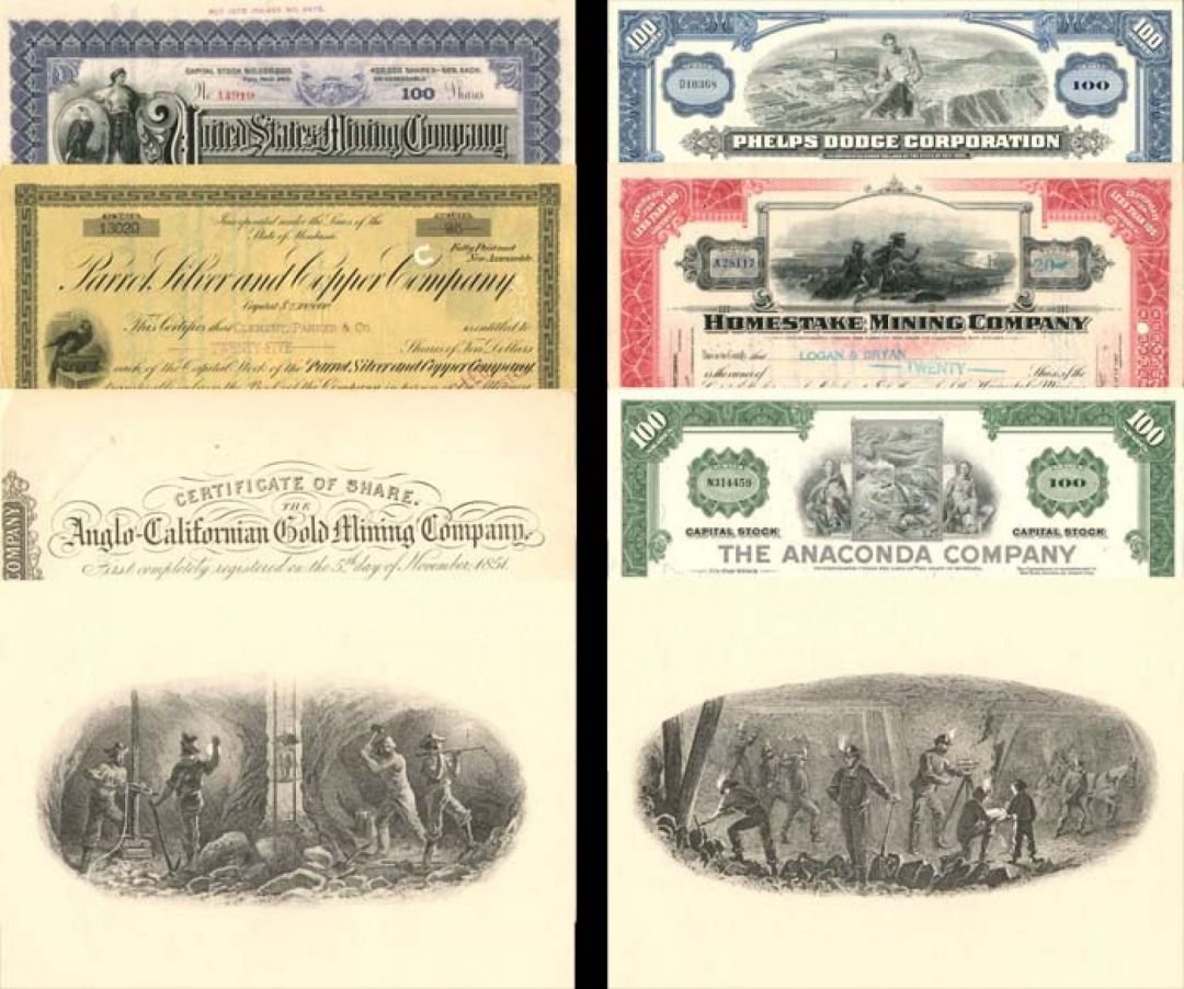 Collection of 6 Mining Stock Certificates and 2 Mining Prints - Dated from 1850's-1970's - Collection of Mining Stocks and Prints