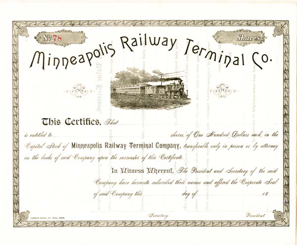 Minneapolis Railway Terminal - Stock Certificate