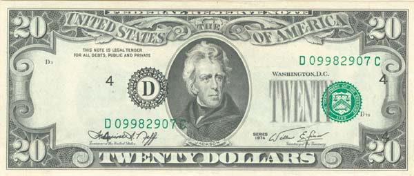 Paper Money Error - 1974 dated $20 3rd Printing Misaligned - United States Currency