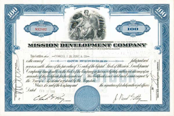 Mission Development Co. - J. Paul Getty - The Man behind the Movie "All the Money in the World" - Stock Certificate