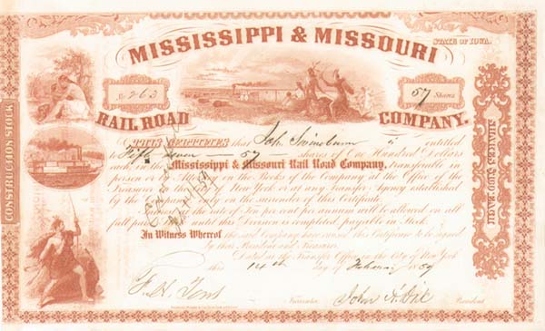 General John A. Dix - Mississippi and Missouri Railroad Co. - Stock Certificate
