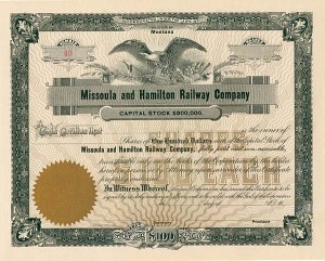 Missoula and Hamilton Railway Co. - Unissued Railroad Stock Certificate