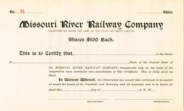 Missouri River Railway - Stock Certificate