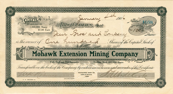 Mohawk Extension Mining Co. - Stock Certificate