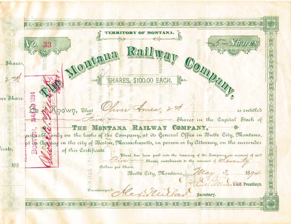 Montana Railway Co. - Railroad Stock Certificate - Branch Line of the Northern Pacific Railroad
