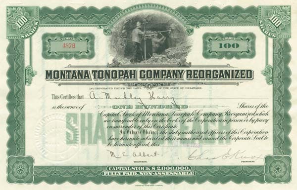 Montana Tonopah Co. Reorganized - Stock Certificate