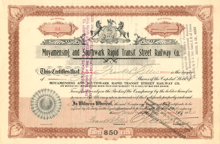Moyamensing and Southwark Rapid Transit Street Railway Co. - 1920 dated Pennsylvania Railroad Stock Certificate