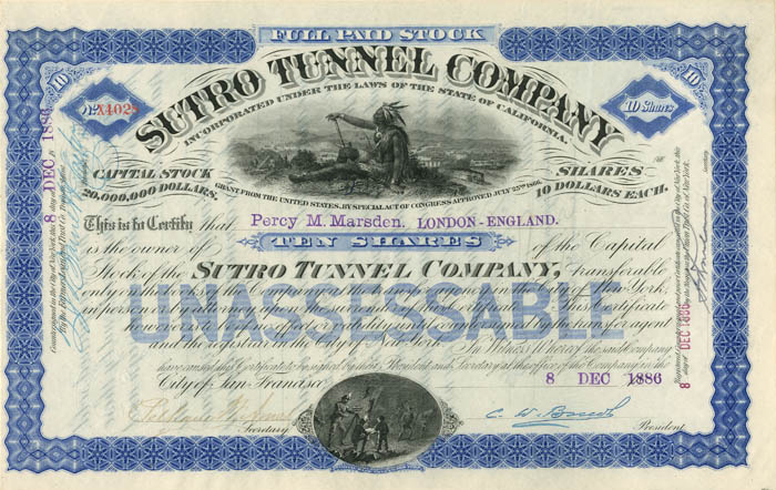 Sutro Tunnel Co. - Stock Certificate