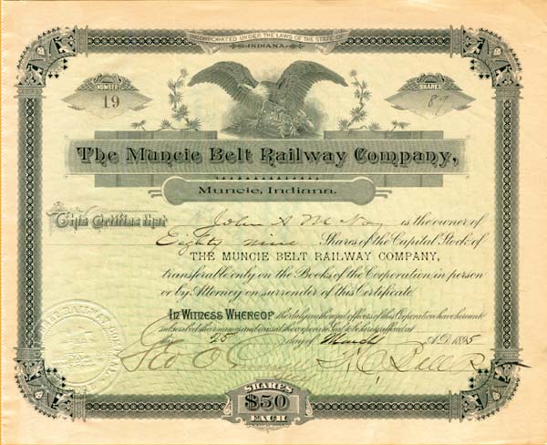 Muncie Belt Railway Co. - Stock Certificate