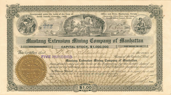 Mustang Extension Mining Co. of Manhattan - Stock Certificate