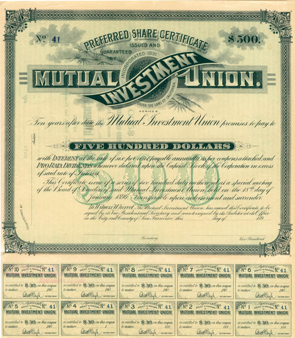 Mutual Investment Union - San Francisco, CA - $500 Unissued Bond but does say Preferred Stock Certificate