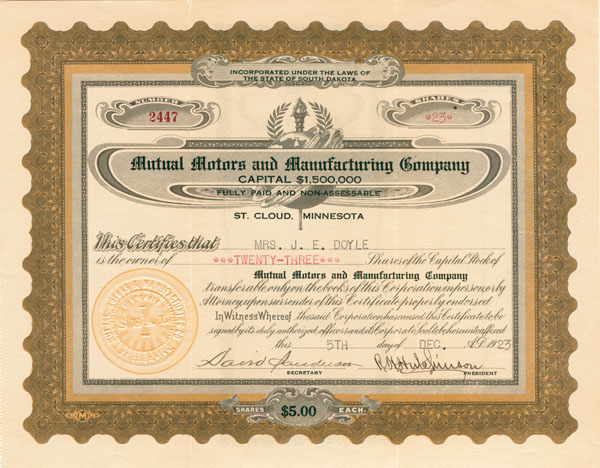 Mutual Motors and Manufacturing Co. - Stock Certificate