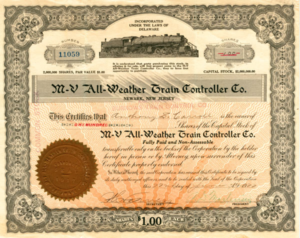 M-V All Weather Train Comptroller - Stock Certificate (Uncanceled)