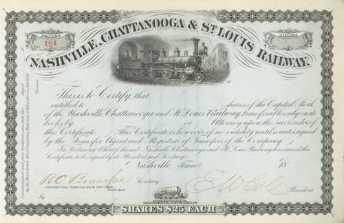 Edmund W. "King" Cole Nashville, Chattanooga and St. Louis Railway - Stock Certificate