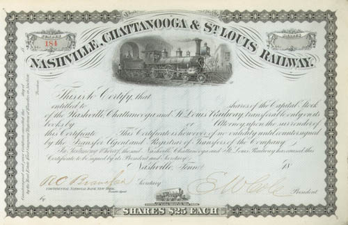 Edmund W. King Cole Nashville, Chattanooga and St. Louis Railway - Stock Certificate