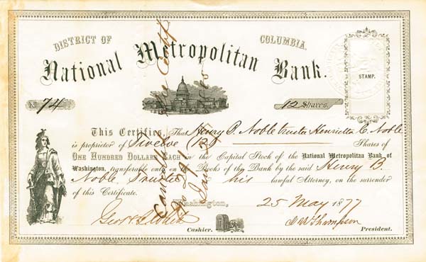 National Metropolitan Bank - Stock Certificate