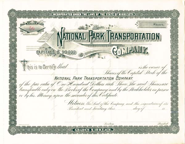 National Park Transportation Co. - Stock Certificate