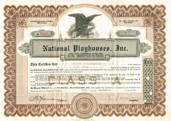 National Playhouses, Inc - Stock Certificate