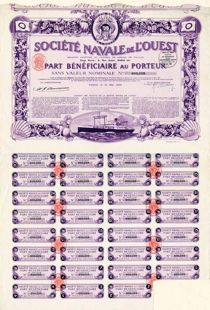 Societe Navale De L'ouest - Stock Certificate