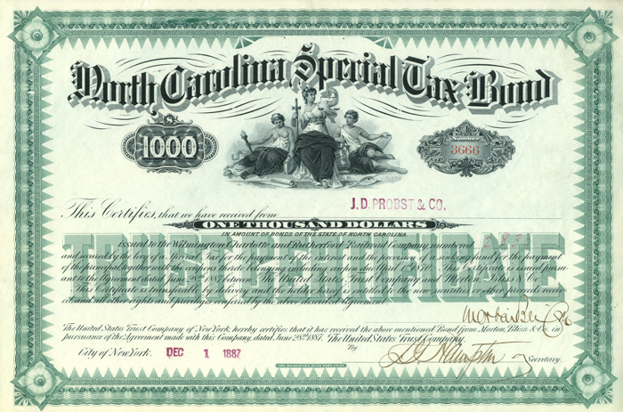 North Carolina Special Tax Bond $1000 Bond