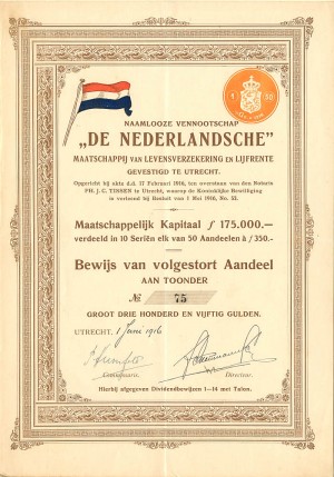 "De Nederlandsche" Maatschappij Van Levensverzekering en Lijfrente - Stock Certificate