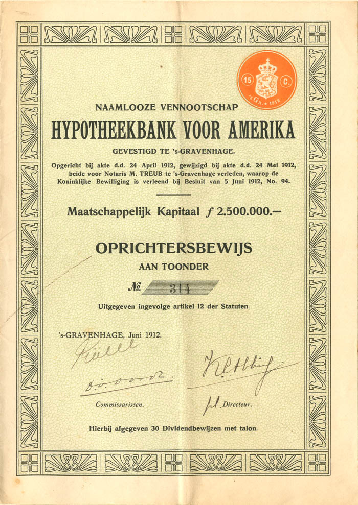 Hypotheekbank Voor Amerika - Stock Certificate