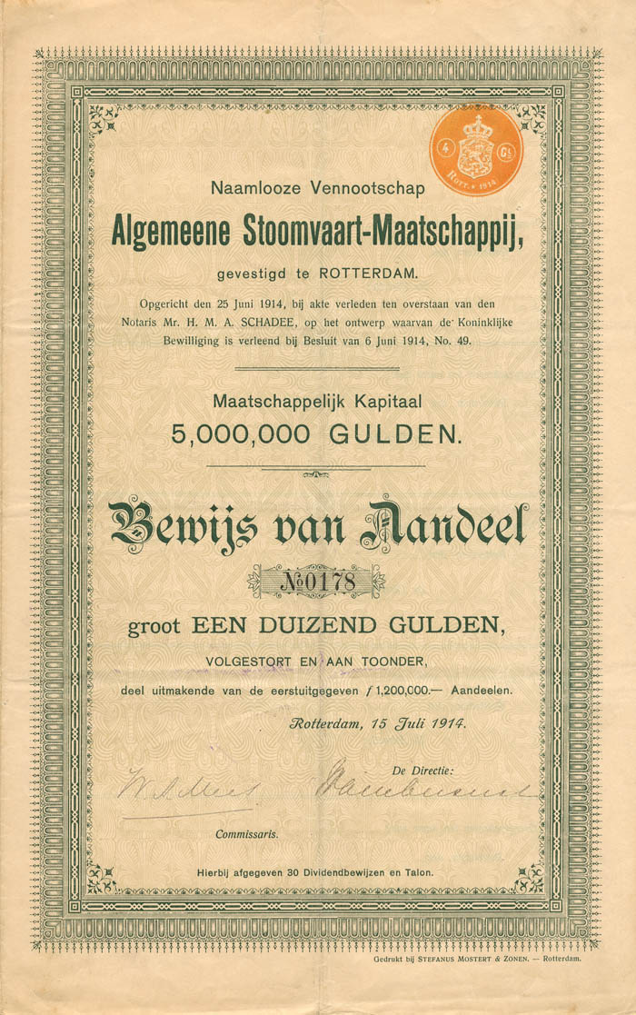 Algemeene Stoomvaart-Maatschappij - 5,000,000 Gulden