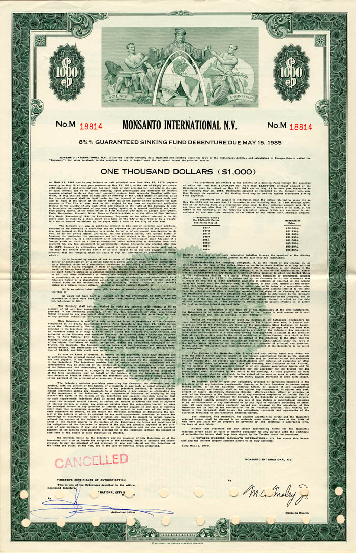 Monsanto International N.V. - $1,000 Bond - Agrochemical and Agricultural Biotechnology Corporation Bond dated 1970