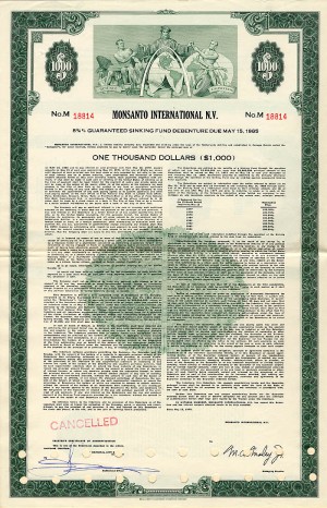 Monsanto International N.V. - $1,000 Bond - Agrochemical and Agricultural Biotechnology Corporation Bond dated 1970