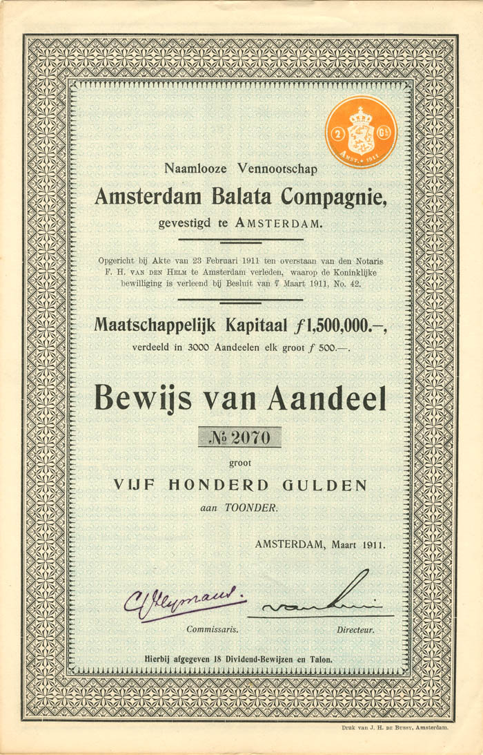 Amsterdam Balata Compagnie - Stock Certificate