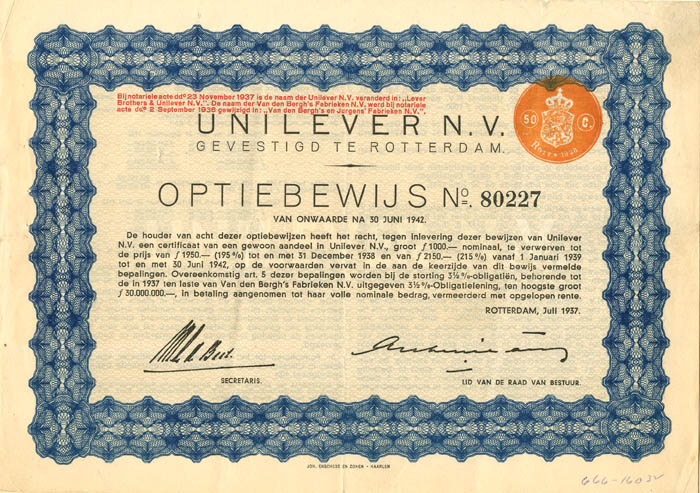 Unilever N.V. Gevestigd te Rotterdam - 1,000 Francs (Uncanceled)