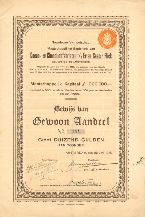Cacao- en Chocoladefabrieken v/h Erven Caspar Flick -  Stock Certificate