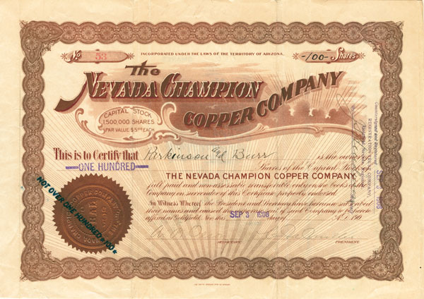 Nevada Champion Copper Co. - Stock Certificate